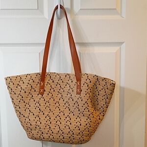 Woven Straw Tote with Brown Leather Handles
